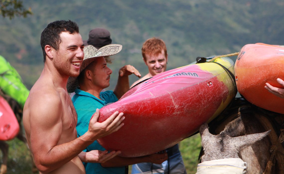 kayaks loading on mule